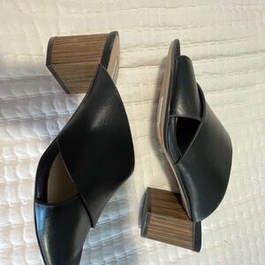 Saks Fifth Avenue Black Leather Mules with Wooden Block Heel